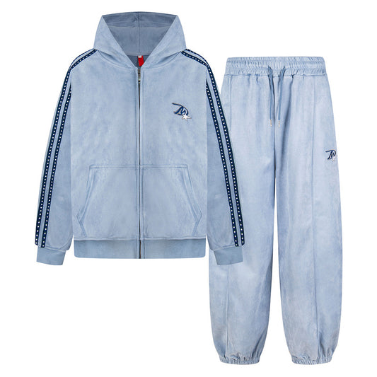 Embroidery Stripe Zipper Hoodie & Embroidery Wide Leg Sweatpants Setup WN23564