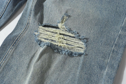 Washed Whisker Damage Wide Leg Denim Jeans WN26121