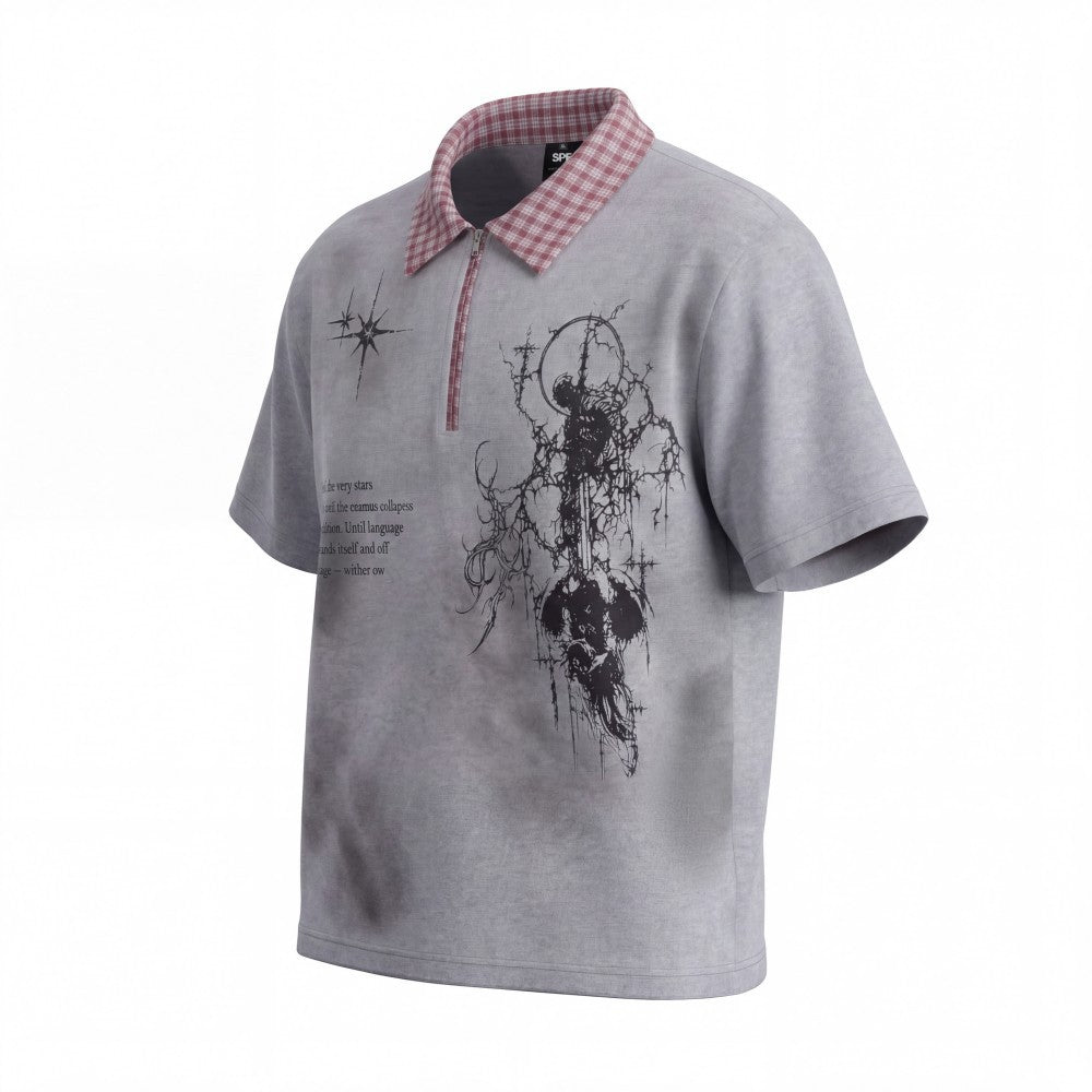 Gothic Gradient Half-Zip Plaid Collar Polo Shirt WN27877