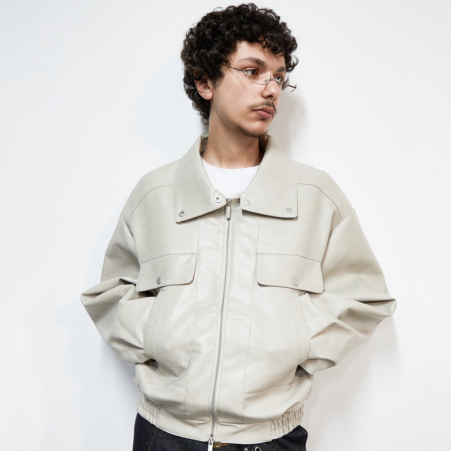 Vintage Imitation Cowhide PU Leather Stand Neck Short Jacket WN22924