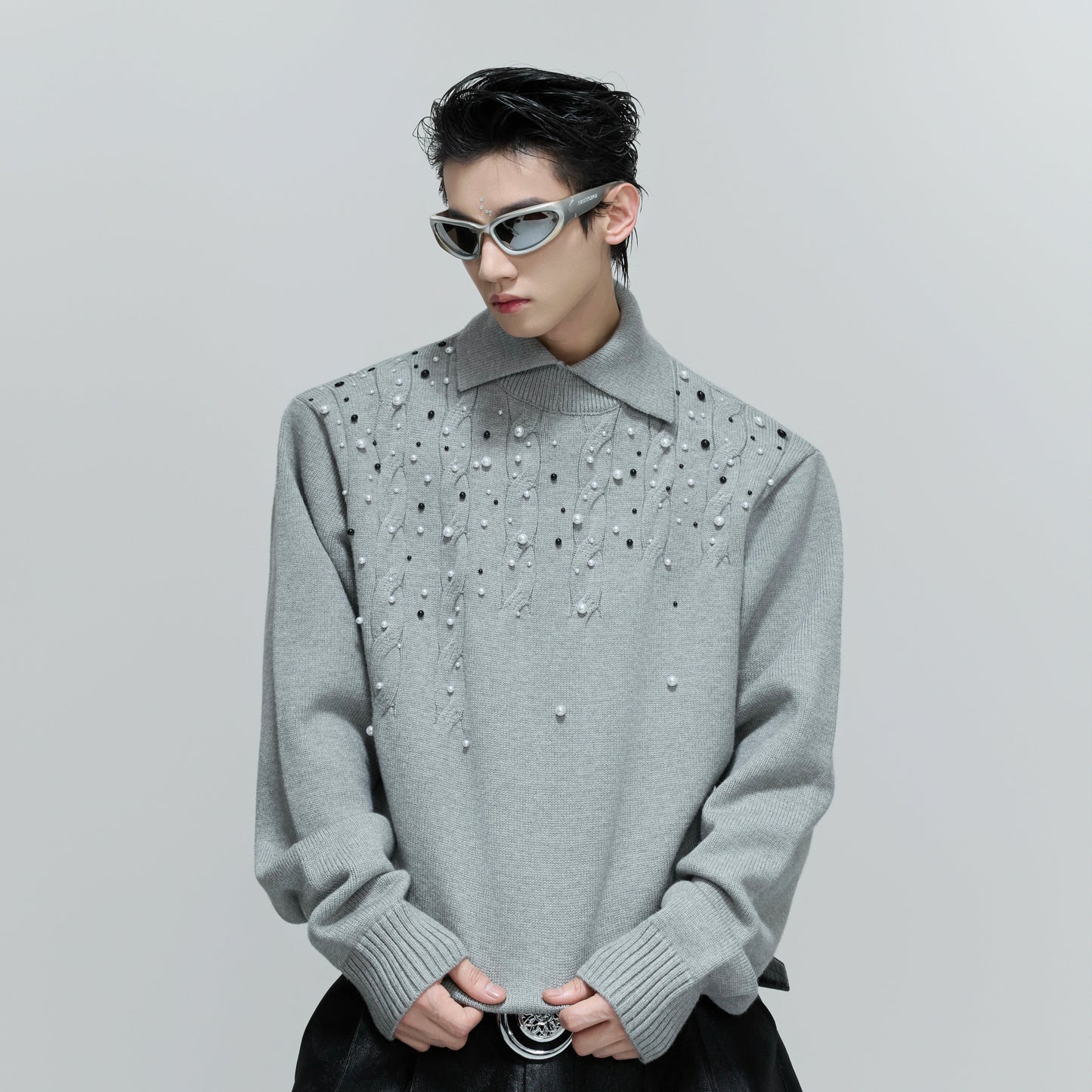 Pearl Embellished High-Neck Cable Knit Sweater WN21714