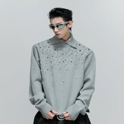 Pearl Embellished High-Neck Cable Knit Sweater WN21714