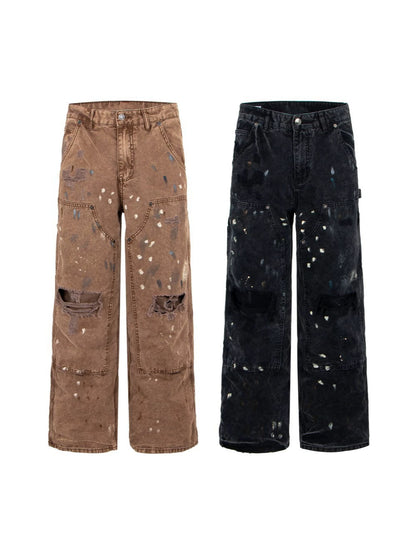 Paint Damage Cargo Straight Denim Jeans WN28093