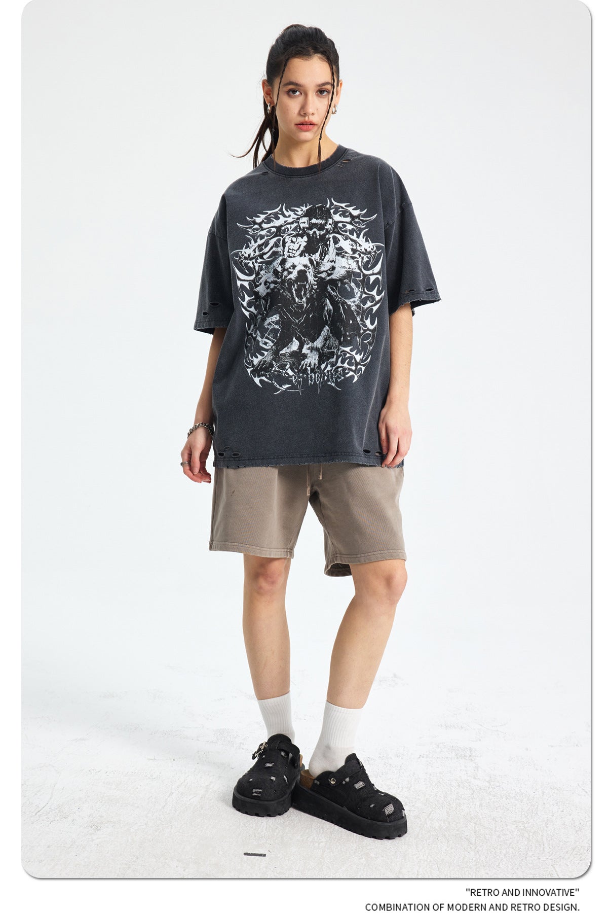 Damage Washed Snake Print Oversize Short Sleeve T-Shirt WN16278