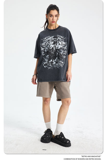 Damage Washed Snake Print Oversize Short Sleeve T-Shirt WN16278