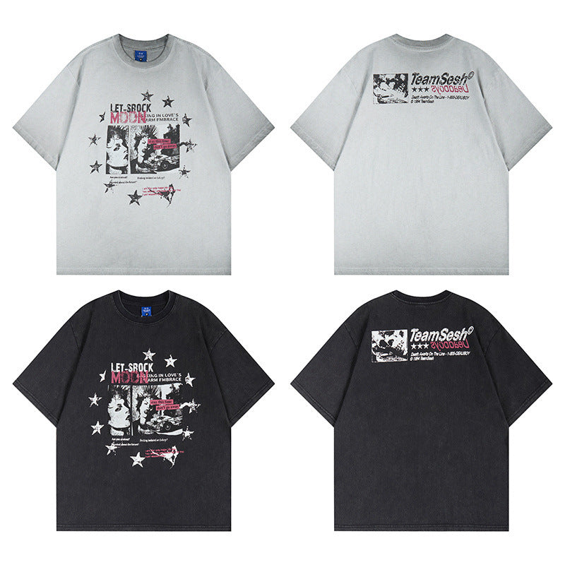 Washed Portrait Letter Print Short Sleeve T-Shirt WN25399
