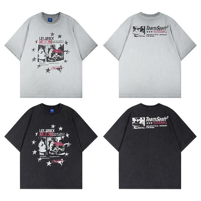 Washed Portrait Letter Print Short Sleeve T-Shirt WN25399