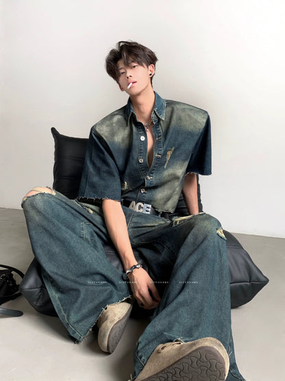 Washed Damage Wide Leg Denim Jeans & Denim Jacket Setup WN20087