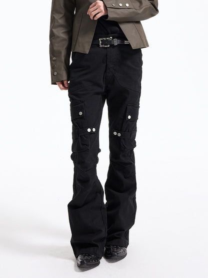 Snap Button Strap Mid-High-Rise Flare Pants WN27307