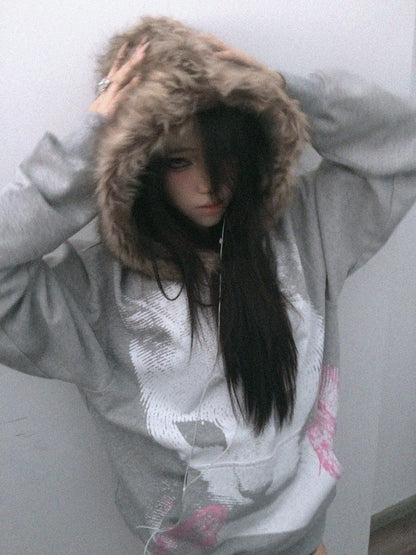 Cat Print Fake Fur Collar Hoodie WN20913