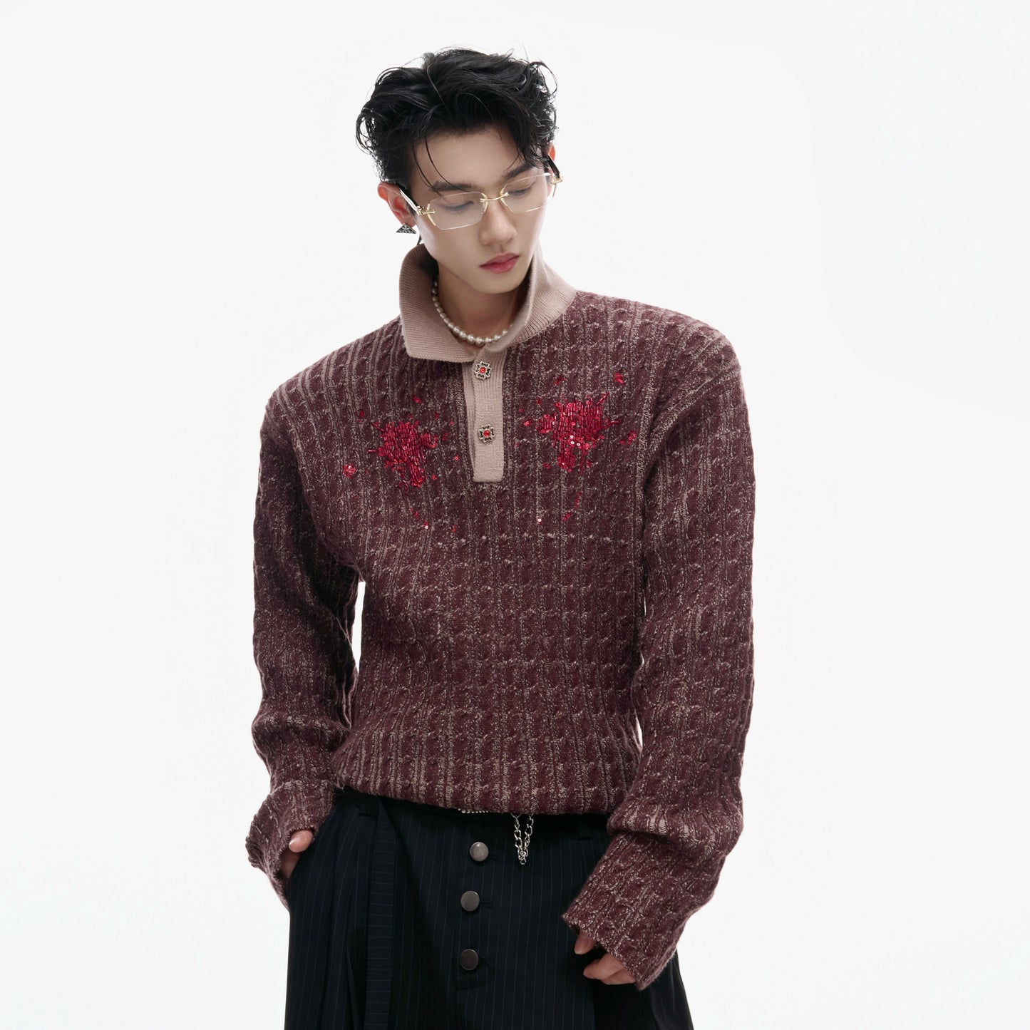 Sequin Contrast-Collar Design-Button Knit Sweater WN21223