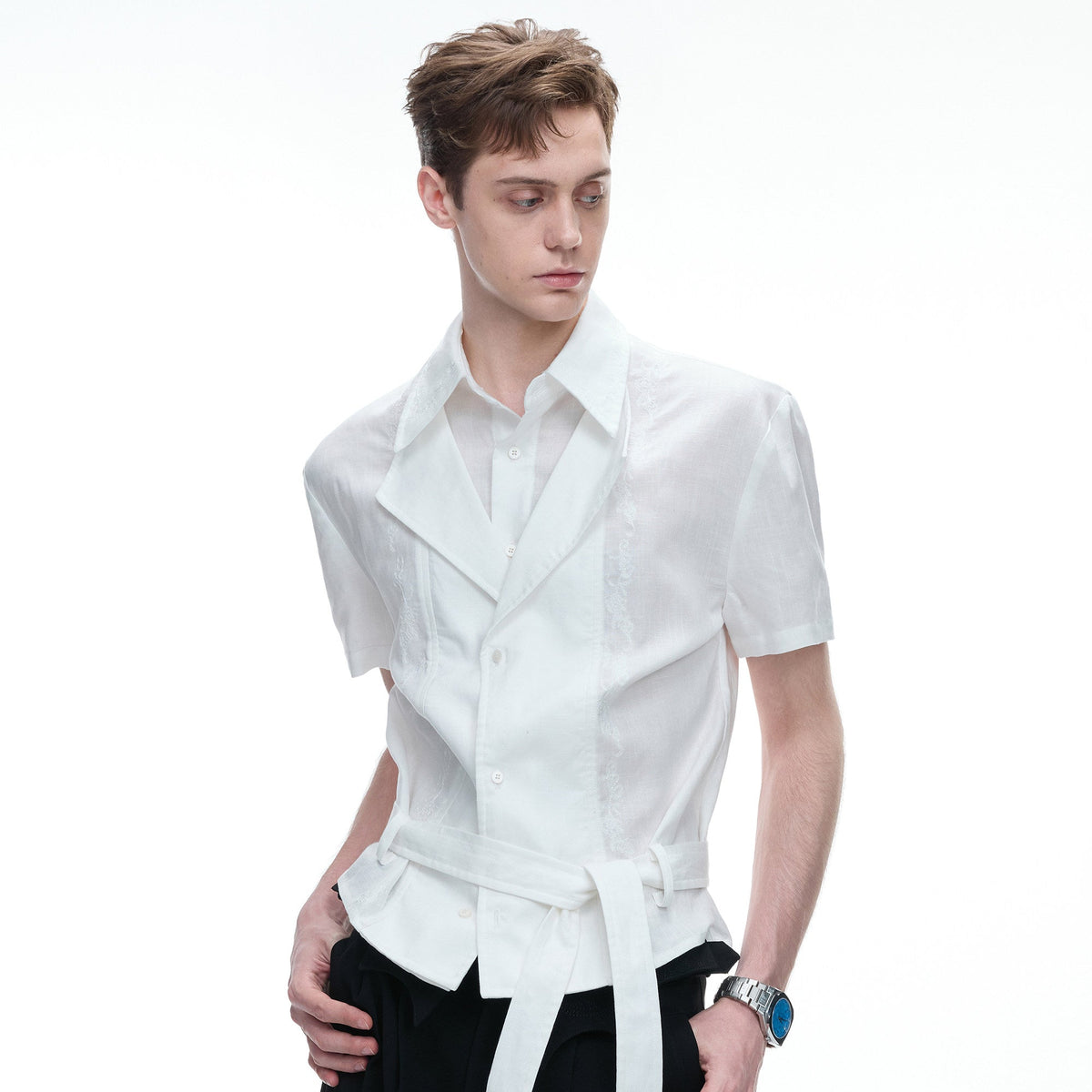 Fake Layered Embroidery Linen Waist-Tie Short Sleeve Shirt WN27030