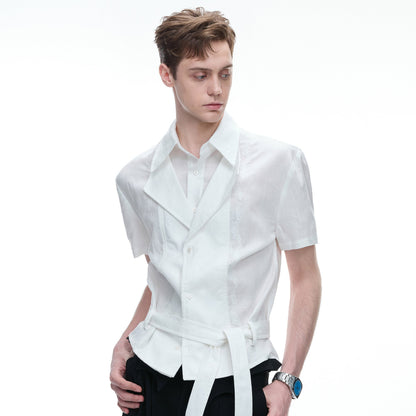Fake Layered Embroidery Linen Waist-Tie Short Sleeve Shirt WN27030