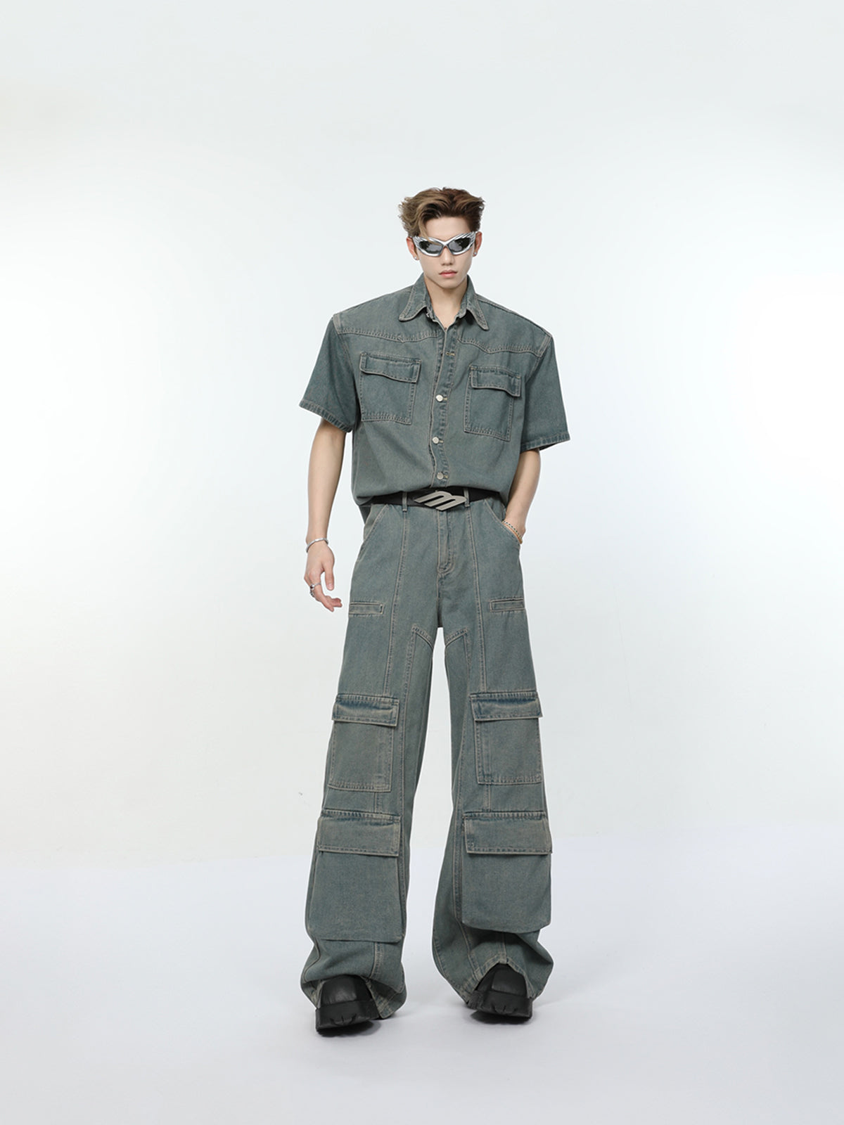 Oversize Denim Short Sleeve Shirt & Wide-Leg Cargo Denim Jeans Setup WN7321