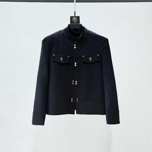 Standing-Collar Short Tailored Jacket & Flare Trousers Setup WN23878
