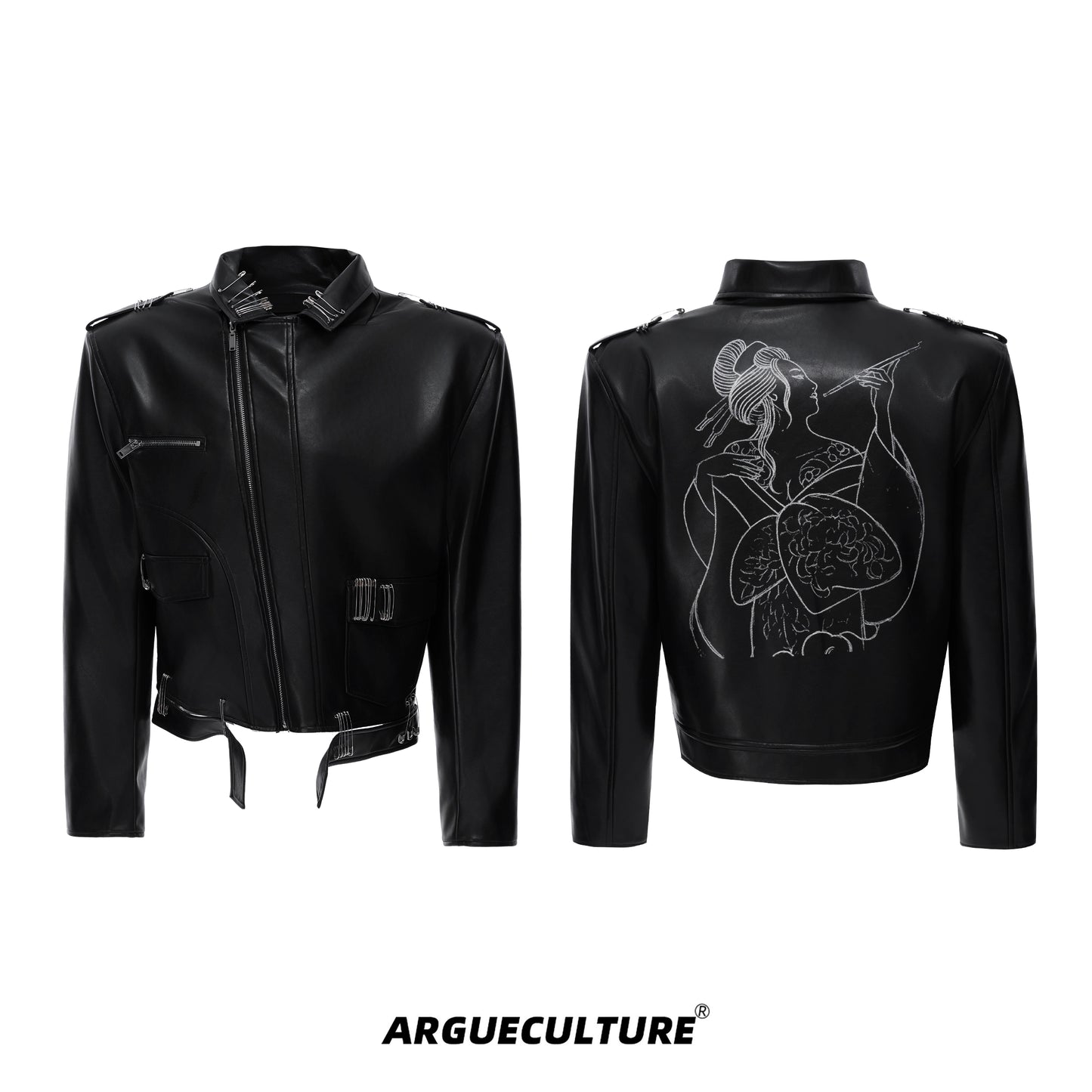 Pin Design Back Art Print PU Leather Jacket WN21234