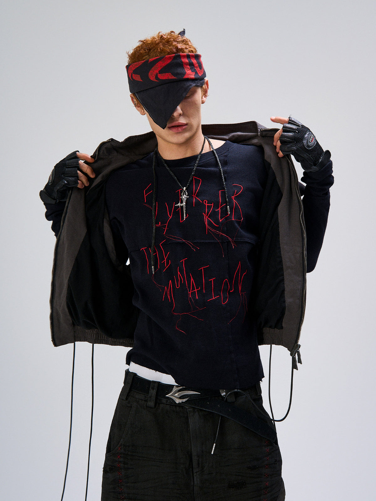 Irregular Panel Thorn Embroidery Long Sleeve T-Shirt WN27435