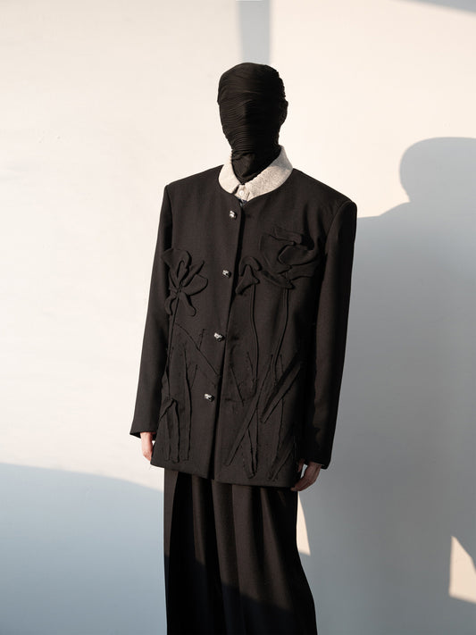 3D Floral Applique Collarless Jacket & Wide-Leg Trousers Setup WN23642