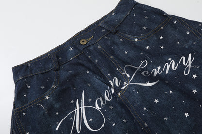 Star Print Curved Wide Leg Denim Jeans WN25696