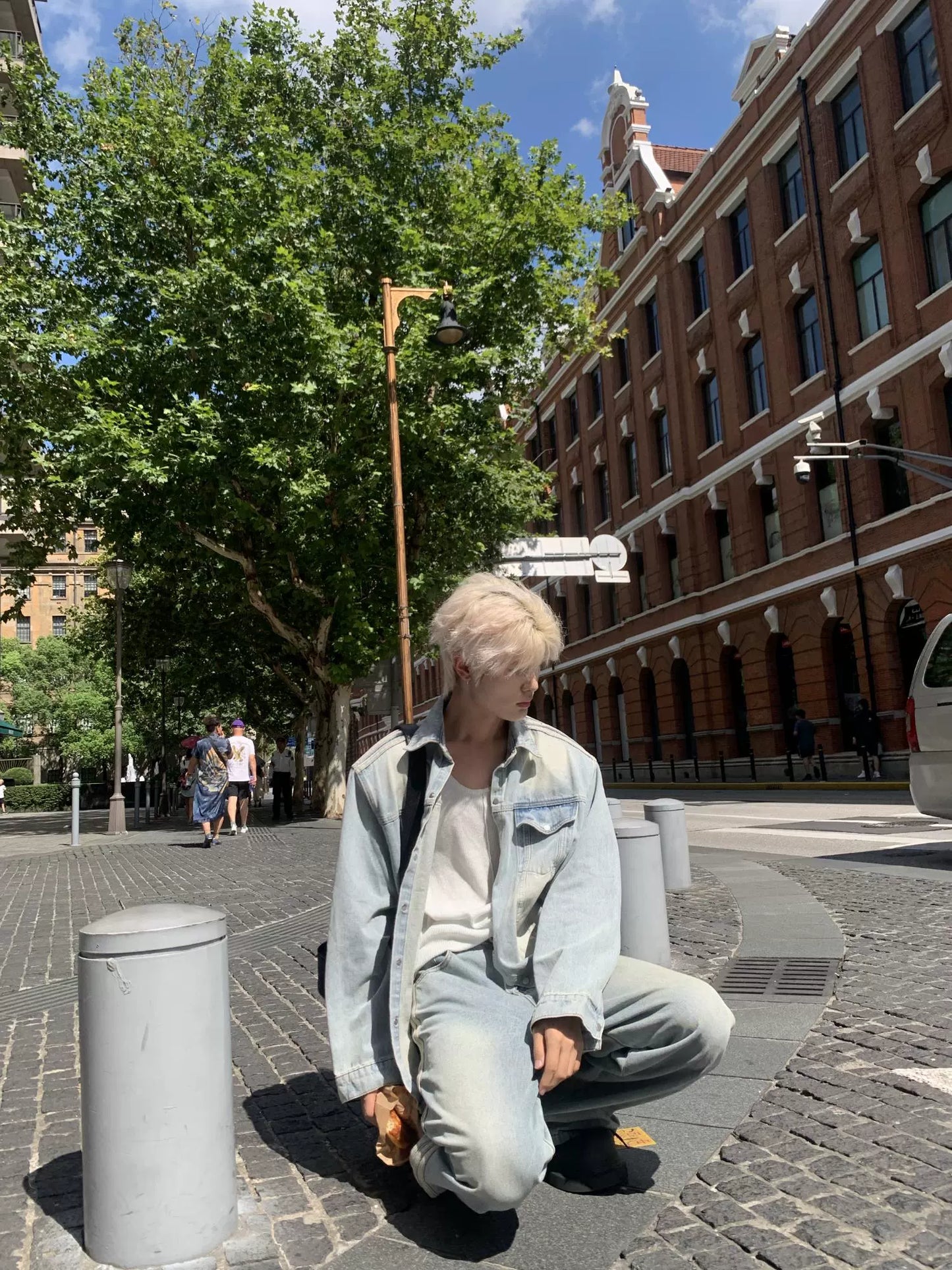 Stripe Washed Denim Short Sleeve Shirt & Wide Leg Denim Jeans Setup WN19815