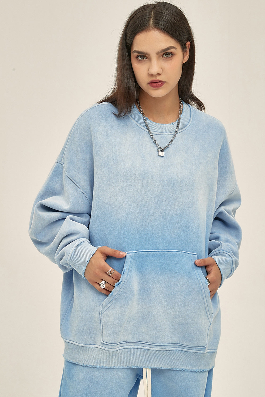 Fleece Linning Spray-dye Damage Oversize Sweatshirt WN9967