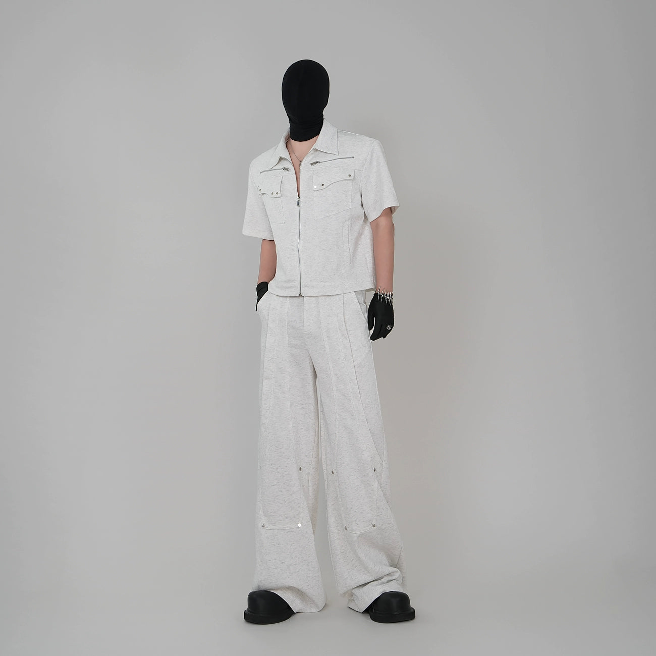 Metal Studs Zipper Jacket & Wide Leg Pants Setup WN17382