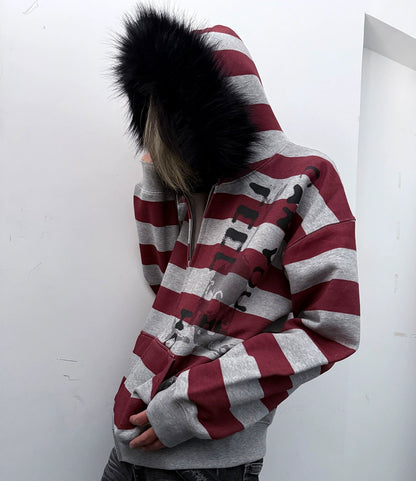 Skull Cross Wide Stripe Fake Fur Collar Zipper Hoodie WN20920
