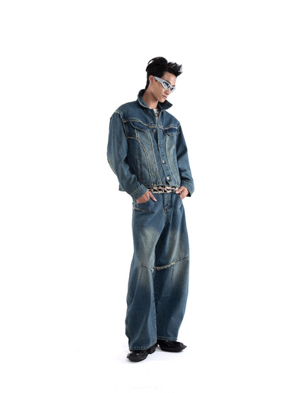 Raw Hem Fringe Damage Washed Denim Jacket & Wide Leg Denim Jeans Setup WN20659