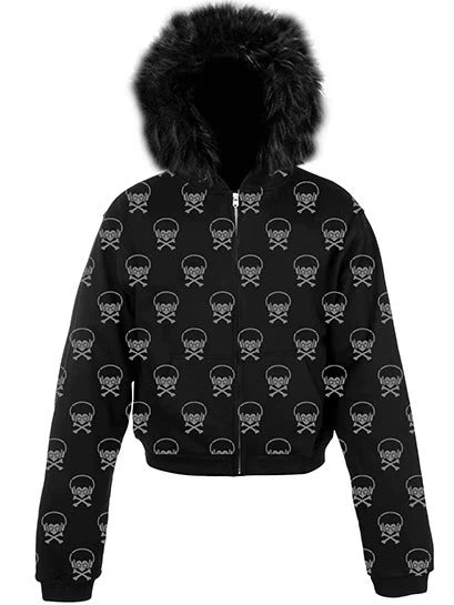 Headphone Skull Print Fake Fur Collar Zipper Hoodie WN20919