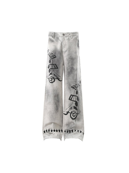 Washed Dirty Print Damage Wide Leg Denim Jeans WN24205