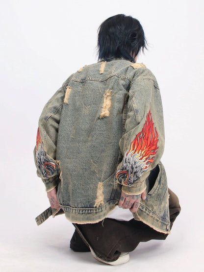 Oversize Damage Embroidery Denim Jacket WN2530