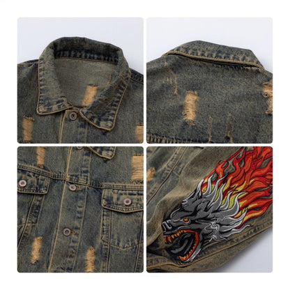 Oversize Damage Embroidery Denim Jacket WN2530