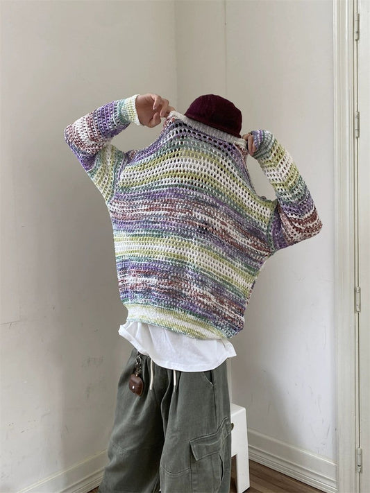 Oversize Gradient Stripe Mesh Knit Sweater WN1942