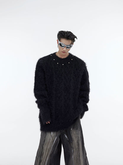 Oversize Metal Design Furry Knit Sweater WN2361