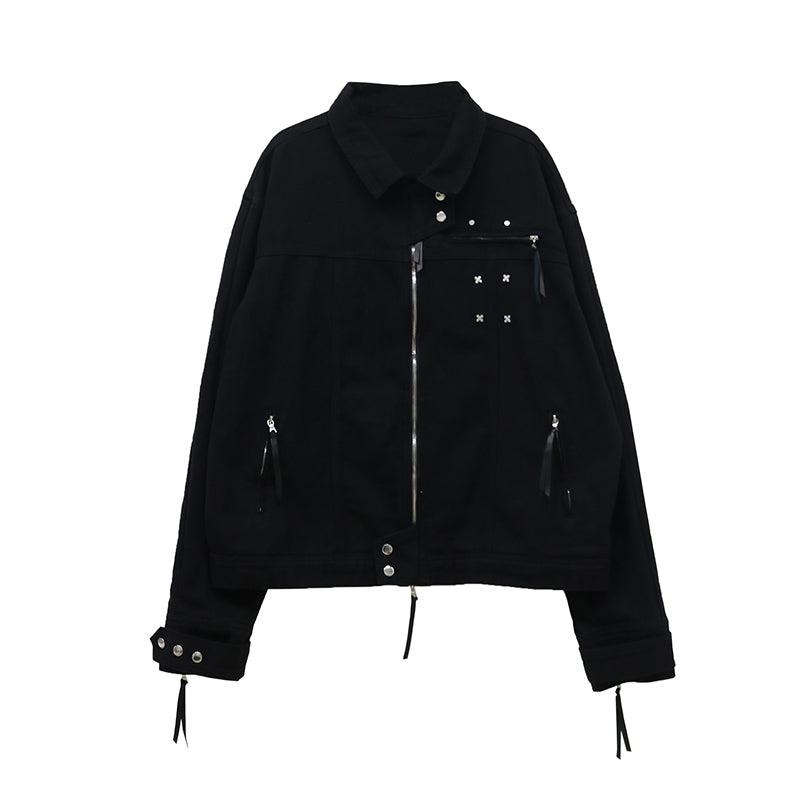 Oversize Metal Studs Zipper Denim Jacket WN1378