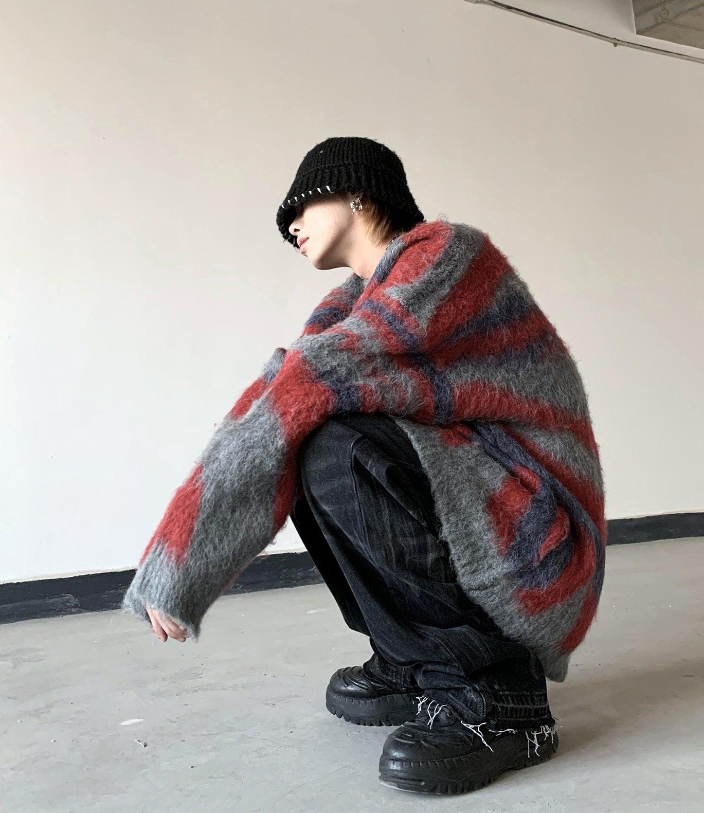 Oversize Mohair Irregular Stripe Gradient Knit Sweater WN1355
