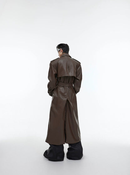 Oversize PU Leather Belted Long Coat WN2608