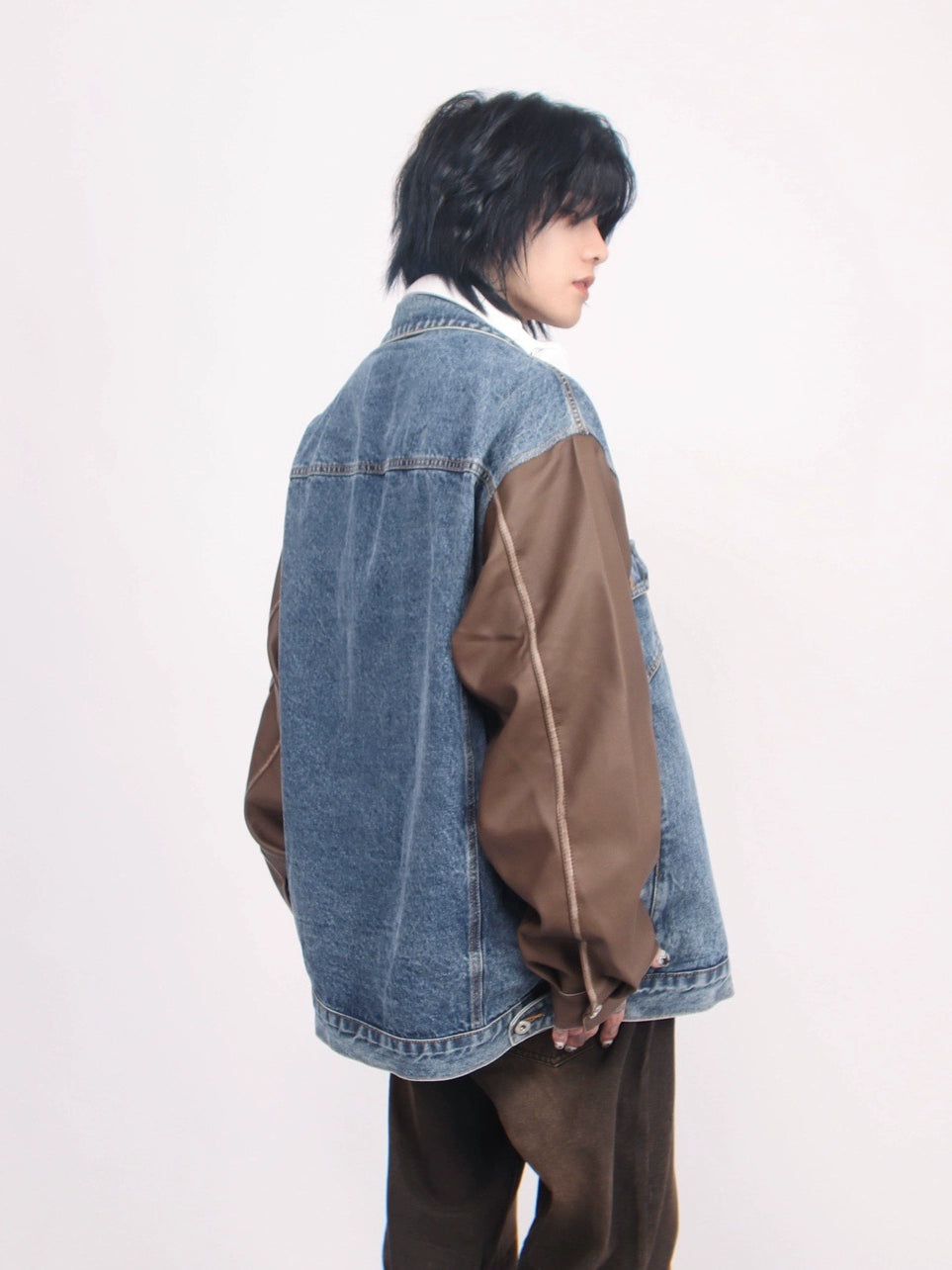 Oversize PU Leather Mix Denim Jacket WN2529