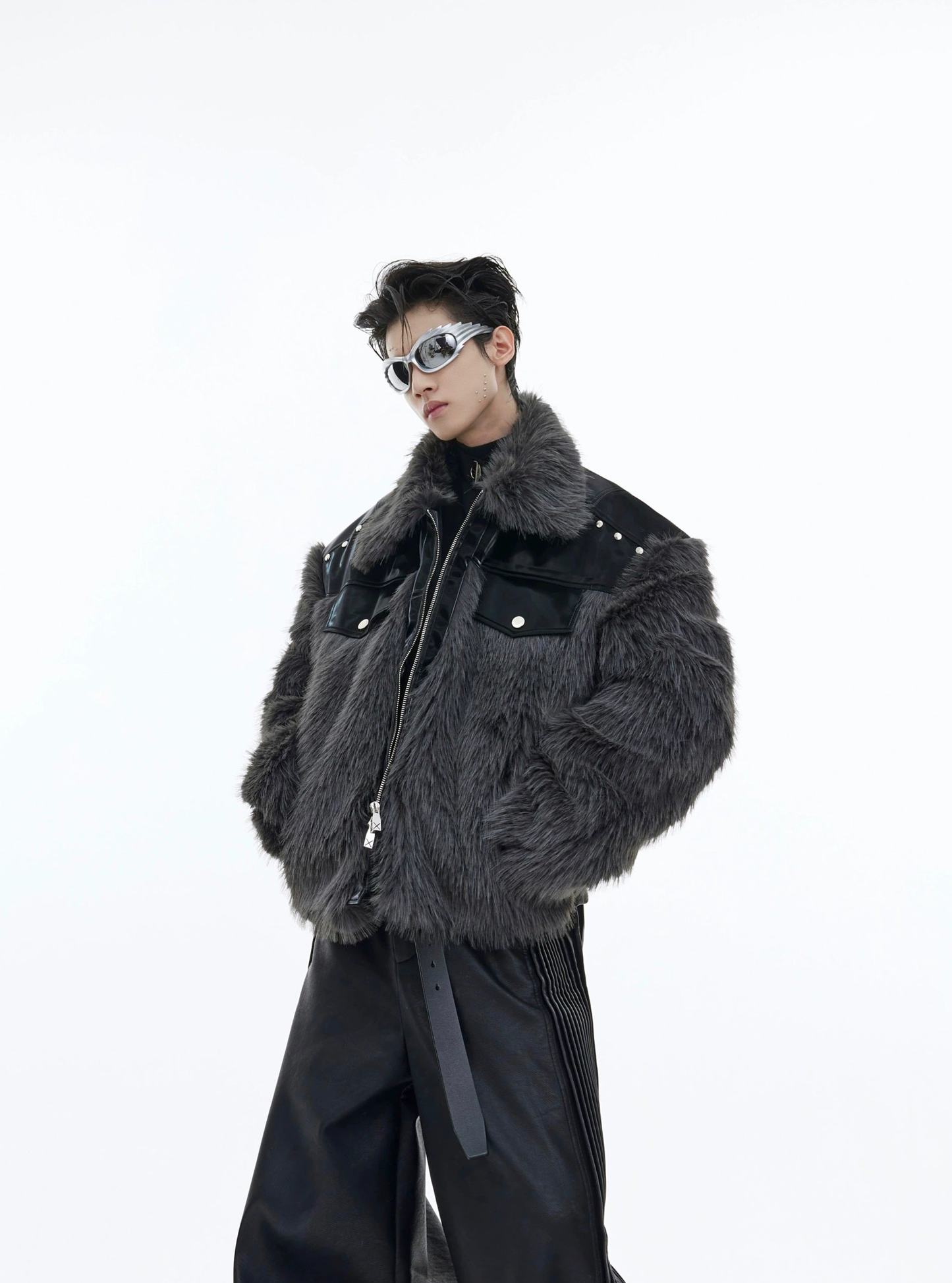 Oversize PU Leather Mix Fake Fur Jacket WN3319