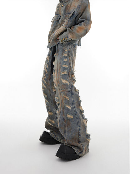 Oversize Raw-edge Standing-collar Denim Jacket & Wide-leg Damage Denim Jeans Setup WN2061