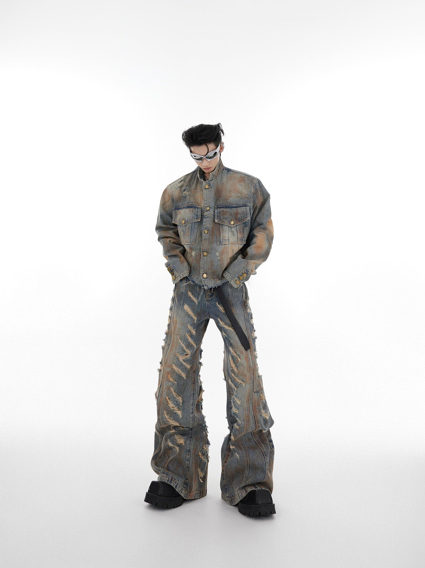 Oversize Raw-edge Standing-collar Denim Jacket & Wide-leg Damage Denim Jeans Setup WN2061