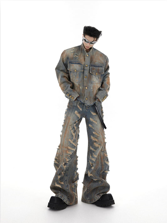 Oversize Raw-edge Standing-collar Denim Jacket & Wide-leg Damage Denim Jeans Setup WN2061