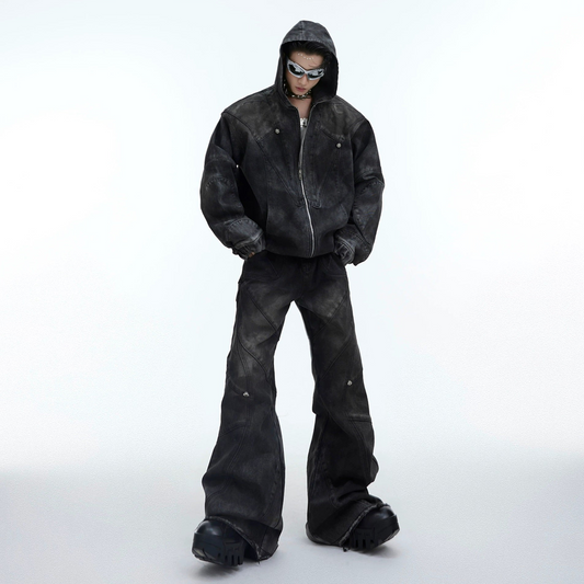 Oversize Shoulder-pad Hooded Denim Jacket & Deconstructed Denim Jeans Setup WN3105