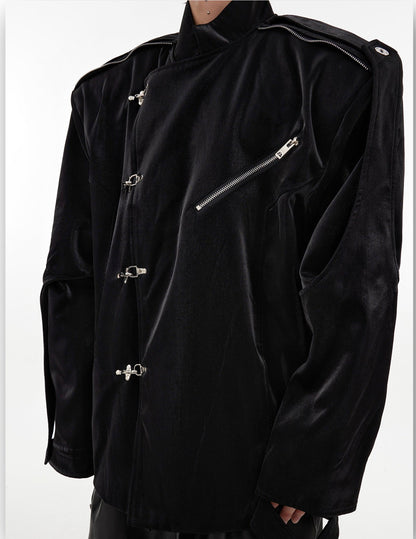 Oversize Shoulder-pad Metal Buckle Standing-collar Jacket WN2028