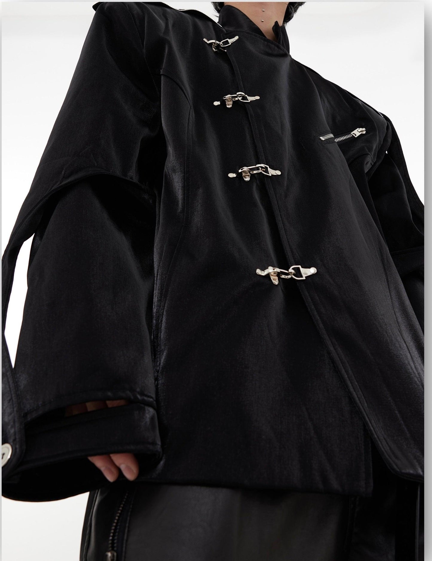 Oversize Shoulder-pad Metal Buckle Standing-collar Jacket WN2028