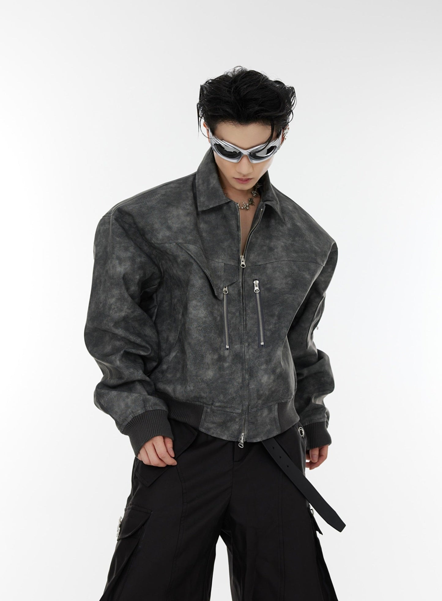 Oversize Shoulder-pad PU Leather Jacket WN2005