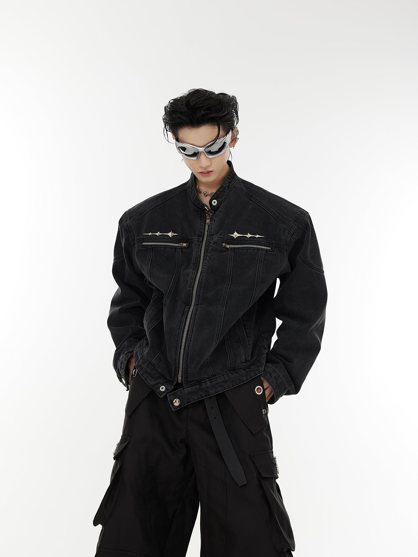 Oversize Standing-collar Zipper Denim Jacket WN2020