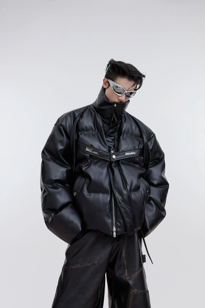 Oversize Strap Design PU Leather Puffer Jacket WN2953