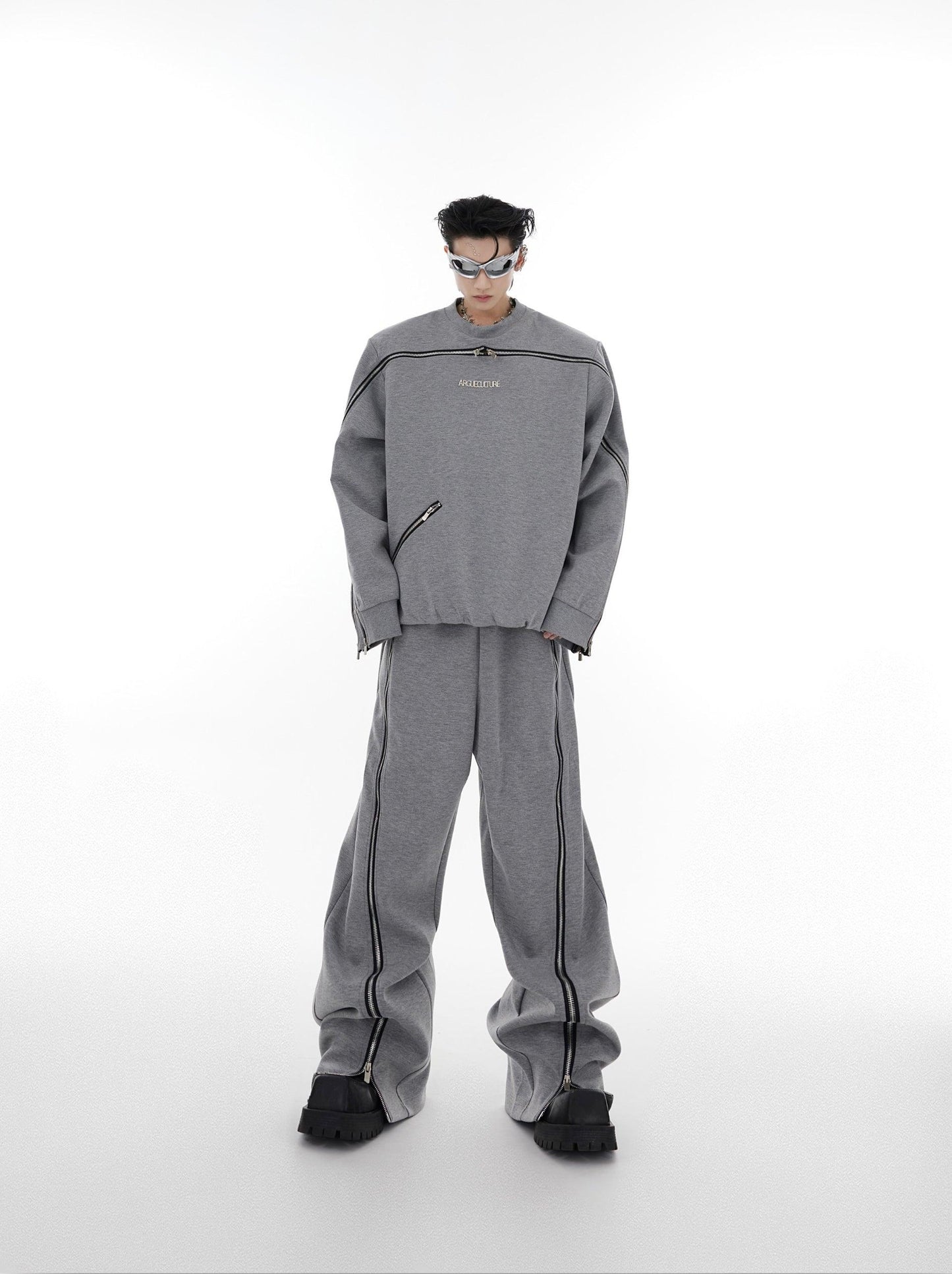 Oversize Zipper Shoulder-pads Sweatshirt & Wide-leg Zipper Sweatpants Setup WN2062