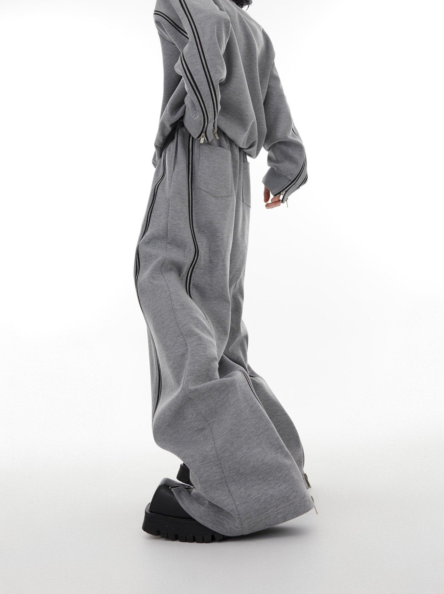 Oversize Zipper Shoulder-pads Sweatshirt & Wide-leg Zipper Sweatpants Setup WN2062